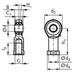 Gelenkkopf BR DIN ISO 12240-4 Maßreihe K Innengewinde M24x2 links mit Pendelkugellager, Technische Zeichnung