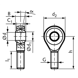 Gelenkkopf GT DIN ISO 12240-4 Maßreihe K Außengewinde M10 rechts wartungsfrei, Technische Zeichnung