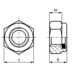 Sechskantmutter DIN 985 (ähnlich DIN EN ISO 10511) mit Klemmteil aus Polyamid M36 Stahl verzinkt Festigkeit 8, Technische Zeichnung