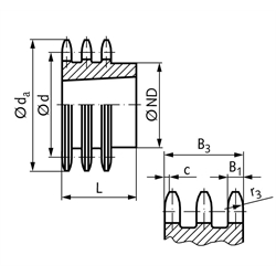 Dreifach-Kettenrad DRT 06 B-3 3/8x7/32" 17 Zähne Material Stahl für Taper-Spannbuchse Typ 1008, Technische Zeichnung