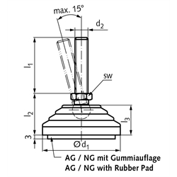 Gelenkfuss 344.5 Form NG M12 x 98mm lang Tellerdurchmesser 60mm Schraube aus Edelstahl , Technische Zeichnung