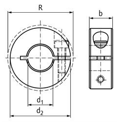 Geschlitzter Klemmring Stahl C45 brüniert Bohrung 75mm mit Schraube DIN 912 12.9 , Technische Zeichnung