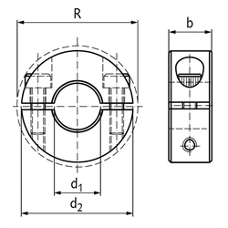 Geteilter Klemmring Edelstahl 1.4305 Bohrung 12mm mit Schrauben DIN 912 A2-70 , Technische Zeichnung