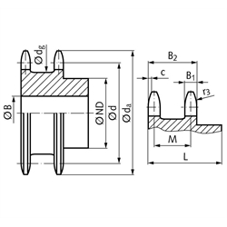 Doppel-Kettenrad ZRENG für 2 Einfach-Rollenketten 06 B-1 3/8x7/32" 23 Zähne Material Stahl Zähne gehärtet, Technische Zeichnung