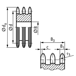 Dreifach-Kettenradscheibe DRL ohne Nabe 08 B-3 1/2x5/16" 21 Zähne Mat. Stahl , Technische Zeichnung