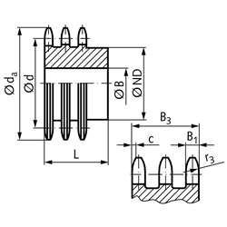 Dreifach-Kettenrad DRS mit einseitiger Nabe 16 B-3 1"x17,02mm 25 Zähne Mat. Stahl , Technische Zeichnung