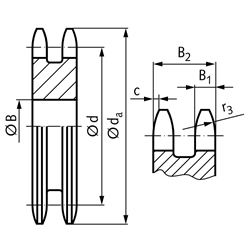 Zweifach-Kettenradscheibe ZRL ohne Nabe 08 B-2 1/2x5/16" 12 Zähne Mat. Stahl , Technische Zeichnung
