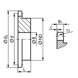 Kettenrad KRG mit einseitiger Nabe 10 B-1 5/8x3/8" 8 Zähne Material Stahl Zähne induktiv gehärtet, Technische Zeichnung