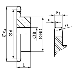 Kettenrad KRR mit einseitiger Nabe 12B-1 3/4x7/16" 15 Zähne Mat. 1.4301, Technische Zeichnung