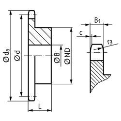 Kettenrad KRS mit einseitiger Nabe 081 1/2x1/8" 26 Zähne Material Stahl , Technische Zeichnung