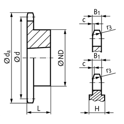 Kettenrad KRT 10 B-1 5/8x3/8" 16 Zähne Material Stahl für Taper-Spannbuchse Typ 1610, Technische Zeichnung