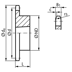 Kettenrad KRTG 20 B-1 1 1/4"x3/4" 23 Zähne Material Stahl Verzahnung gehärtet für Taper-Spannbuchse Typ 2517 , Technische Zeichnung