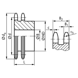 Zweifach-Kettenrad ZRS mit einseitiger Nabe 20 B-2 1 1/4"x3/4" 10 Zähne Mat. Stahl , Technische Zeichnung