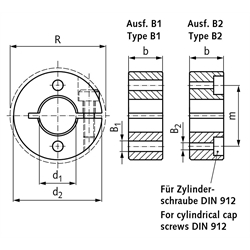 Geschlitzter Klemmring aus Stahl C45 brüniert Bohrung 25mm mit Schraube DIN 912 12.9 Ausf. B2, Technische Zeichnung