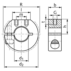 Geschlitzter Klemmring aus Edelstahl 1.4305 Bohrung 12mm mit Schraube DIN 912 A2-70 Ausf. GR, Technische Zeichnung