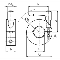 Geschlitzter Klemmring Edelstahl 1.4305 Bohrung 10mm mit verstellbarem Klemmhebel M3 x 10 Länge 22mm, Technische Zeichnung