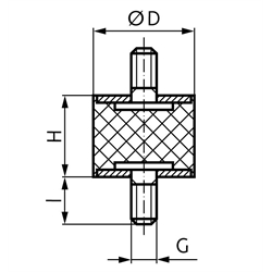 Metall-Gummipuffer MGP Durchmesser 40mm Höhe 15mm Gewinde M8 x 20mm Edelstahl 1.4301 , Technische Zeichnung