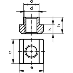 Mutter DIN 508 für T-Nut 8mm DIN 650 Gewinde M5 Güteklasse 10, Technische Zeichnung