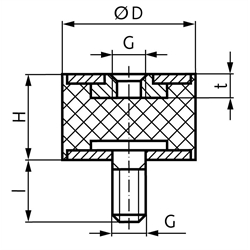 Metall-Gummipuffer MGA Durchmesser 100mm Höhe 40mm Gewinde M 16x42 , Technische Zeichnung