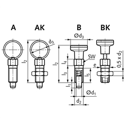 Rastbolzen 717 Form B Bolzendurchmesser 10mm Gewinde M16x1,5, Technische Zeichnung