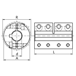 Geteilte Schalenkupplung MAT beidseitig Bohrung 8mm mit Nut Stahl C45 brüniert mit Schrauben DIN 912-12.9 , Technische Zeichnung