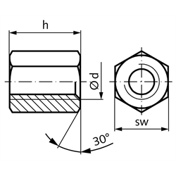 Sechskantmutter mit Trapezgewinde DIN 103 Tr.52 x 8 eingängig rechts Länge 78mm Schlüsselweite 75mm Stahl C35Pb , Technische Zeichnung