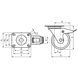 Super-Schwerlast-Transportrolle mit Lochplatte PU-Bandage Gusseisenrad Lenkrolle mit Feststeller Rad-Ø 100, Technische Zeichnung