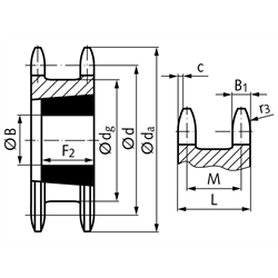 Doppel-Kettenrad ZRET für 2 Einfach-Rollenketten 12 B-1 3/4"x7/16" 13 Zähne Material Stahl für Taper-Spannbuchse 1210, Technische Zeichnung