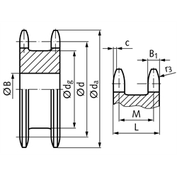 Doppel-Kettenrad ZRE für 2 Einfach-Rollenketten 08 B-1 1/2x5/16" 16 Zähne Material Stahl , Technische Zeichnung