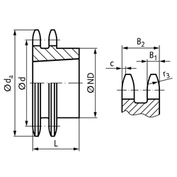 Zweifach-Kettenrad ZRT 10 B-2 5/8x3/8" 16 Zähne Material Stahl für Taper-Spannbuchse Typ 1610 , Technische Zeichnung